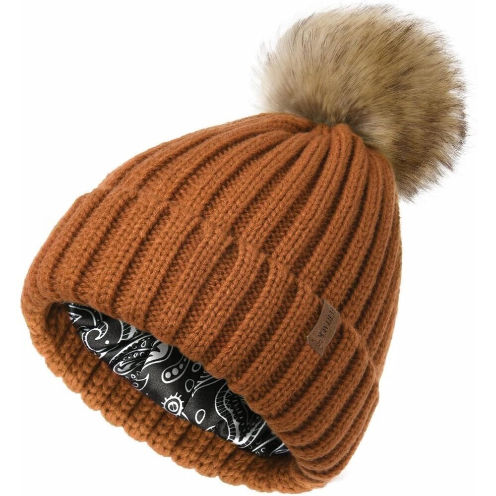 Women's Camel Winter Beanie Hat Satin Lined Faux Fur Pom Pom Beanies Hat